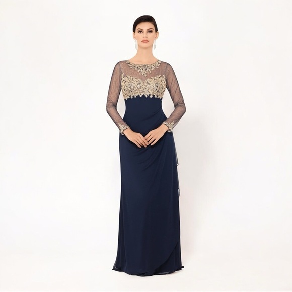 XSCAPE Embellished Illusion-Bodice Ruched Gown in Navy/Gold NWT - Picture 1 of 10
